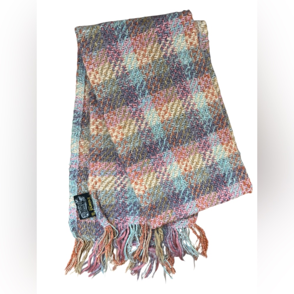 Vintage TAPESTRIES IRELAND Handcrafted Wool Scarf Helena Ruuth Rainbow Plaid 66”